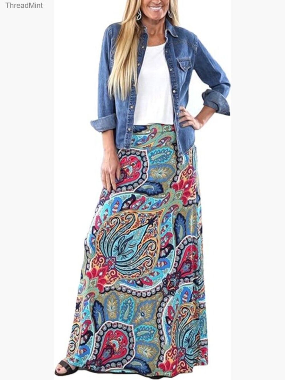 Bohemian Print Long Maxi Skirt Elastic Waist Pull On